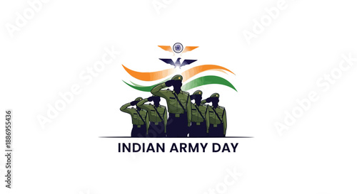 Illustration of people celebrating Indian Army Day with a military character and flag design in a colorful vector graphic.