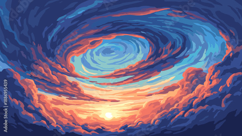 Dramatic swirling clouds at sunset with a vortex effect and bright sun peeking through