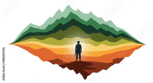 Illustration of a person standing on a cliff with a layered mountain landscape in shades of green, yellow, and orange on India Army Day, celebrating military pride.