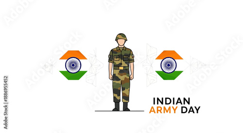 Illustration of a military character in camouflage uniform standing between two Indian flags on Indian Army Day, with a design celebrating the celebration.