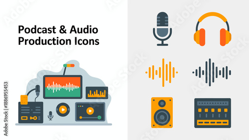a collection of vibrant podcast and audio production icons showcasing microphones headphones sound waves mixers and speakers high quality professional detailed modern elegant stylish clean crisp