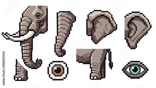 Pixel art collection of elephant parts including head, trunk, ear, eye, and leg