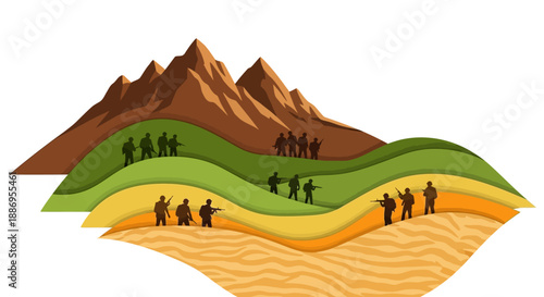 Illustration of people standing on layered earth sections with a mountain range in the background, celebrating India Army Day with a military theme and flag design elements.