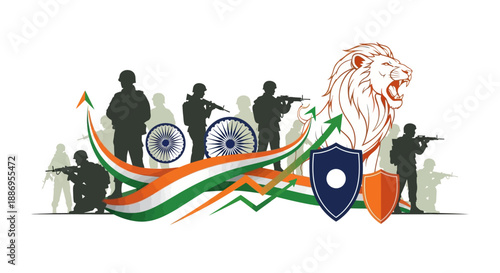 Illustration of Indian Army Day celebration with silhouettes of soldiers, a lion, and the Indian flag in a vibrant design.