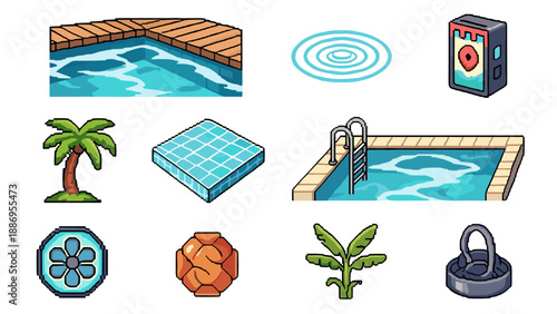 Pixel art collection of swimming pool elements and tropical plants for game design