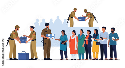 Illustration of Indian army personnel giving aid to people, celebrating India Army Day with a military theme and patriotic design.