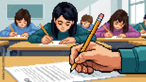 Pixel art students taking a test in a classroom, focus on writing