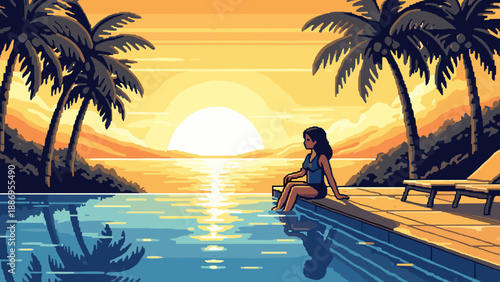 Pixel art tropical sunset with a woman relaxing by the infinity pool