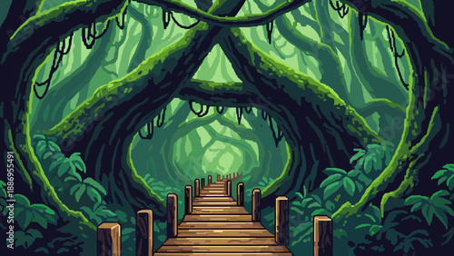 Pixel art wooden boardwalk winding through a lush, green, moss-covered forest canopy