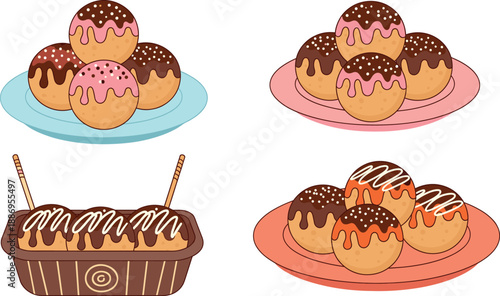 Vector illustration set featuring various glazed takoyaki balls with pink chocolate and orange icing on plates and trays
