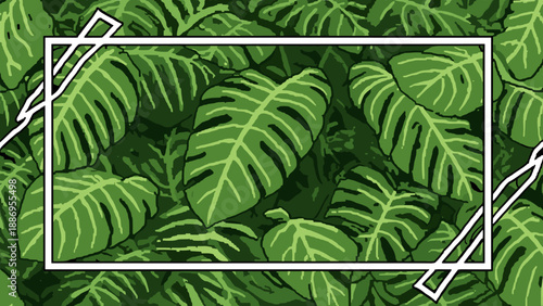 Retro pixel art monstera leaves background with geometric frame