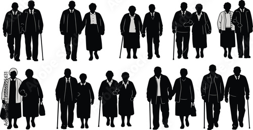 Elderly couple silhouette vector set, senior people walking together holding hands, old man and woman with canes isolated on white background.