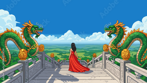 Woman in red dress standing on balcony with majestic green dragons overlooking scenic landscape
