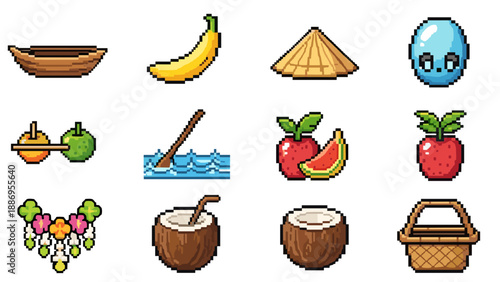 Collection of pixel art icons representing tropical fruits and objects