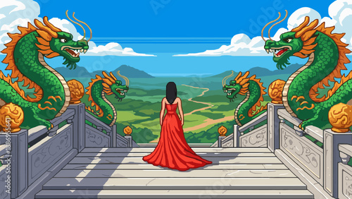 Woman in red dress on ancient balcony with green dragons overlooking scenic valley