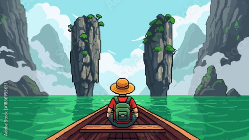 Adventure journey on tranquil waters amidst majestic cliffs in pixel art