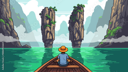 Tranquil coastal adventure: canoe journey through majestic sea cliffs in retro art style