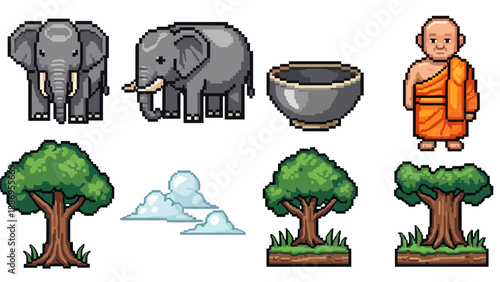 Pixel art wildlife and cultural elements: elephants, monk, trees, clouds, and bowl