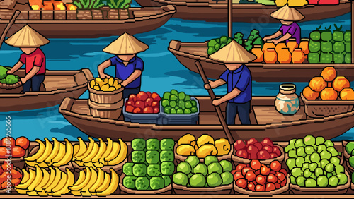 Pixel art floating market scene with vendors selling fresh fruits from boats