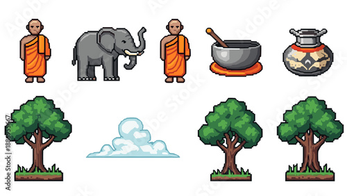 Pixel art collection of Buddhist monk, elephant, trees, cloud, and ritual objects