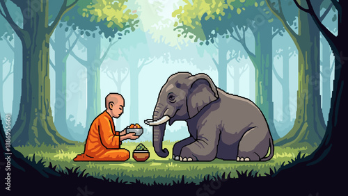 Pixel art peaceful forest scene with monk and elephant harmony