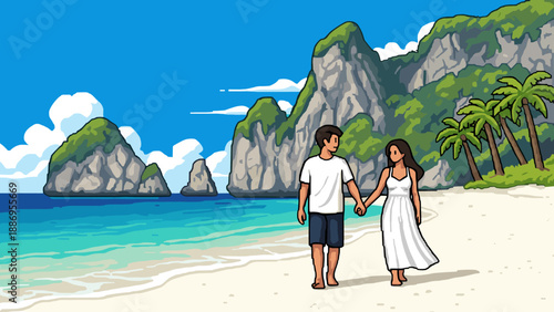 Romantic pixel art couple walking on tropical beach