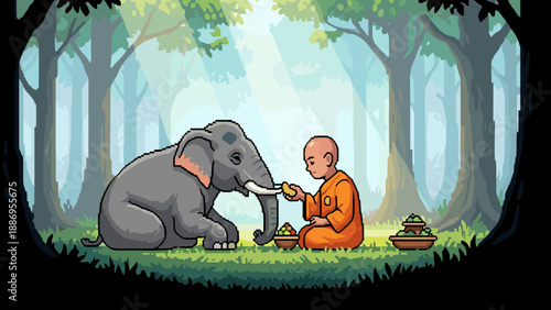 Peaceful encounter between monk and elephant in tranquil forest pixel art
