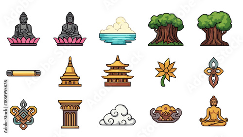 Collection of Buddhist and Asian-inspired icons with temples, Buddha statues, and nature elements