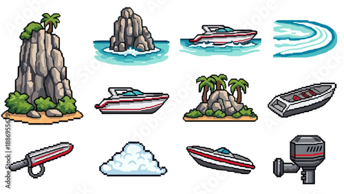 Retro pixel art beach scene: boats, islands, and waves in vibrant colors