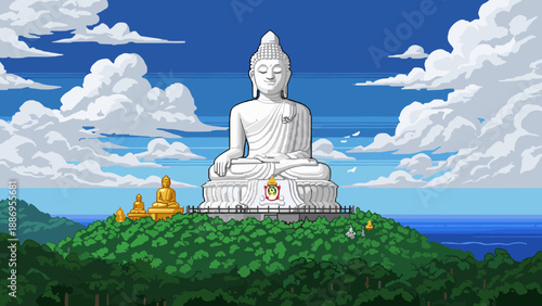 Pixel art buddha sculpture in nature with golden statues and ocean view