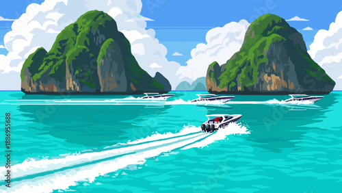 Pixel art tropical seascape with speedboats and scenic islands