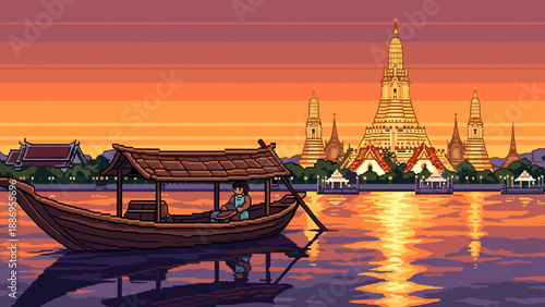Colorful sunset over thai temple and boat scene in pixel art style
