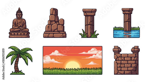 Pixel art ancient architecture and nature elements with sunset scenery