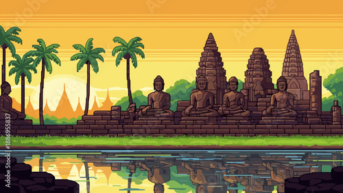 Pixel art temple with buddha statues by a reflective pond at sunset