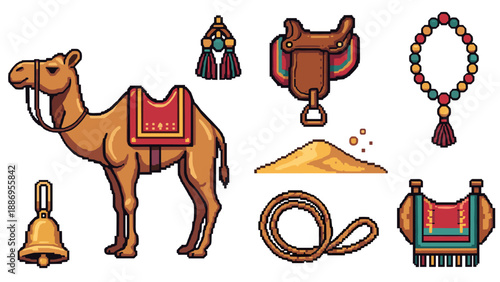 Pixel art camel and desert caravan accessories collection
