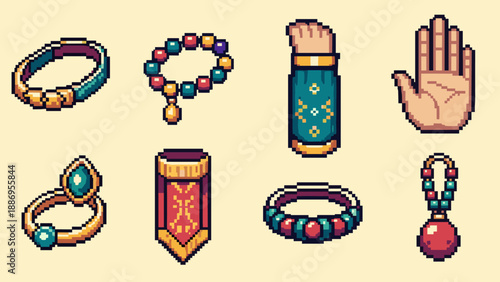 Colorful pixel art jewelry set featuring bracelets, ring, and hand accessories