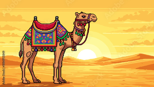 Pixel art camel with colorful saddle in desert at sunset