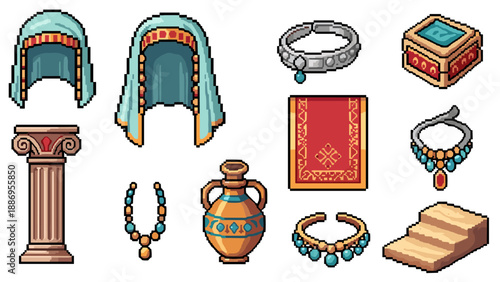 Pixel art collection of ancient Egyptian artifacts and jewelry for game assets