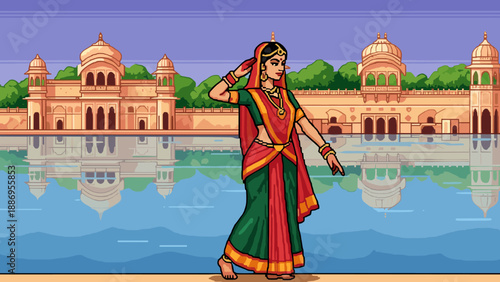 Retro pixel art: indian dancer in traditional costume with palace background