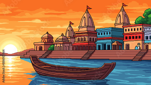 Pixel art landscape of riverside temples at sunset with wooden boat