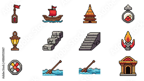 Collection of pixel art game assets including buildings, boats, and environmental elements
