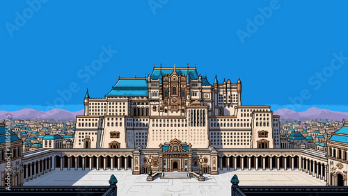 Grand fantasy palace with blue roofs and detailed architecture under a clear blue sky
