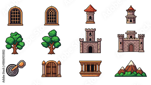 Pixel art medieval icons: castles, towers, and nature elements