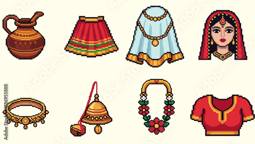 Traditional indian attire and accessories in vibrant pixel art style