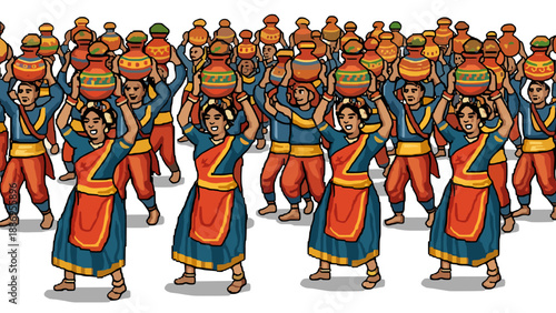 Indian dancers in traditional attire carrying decorated pots on their heads in a procession