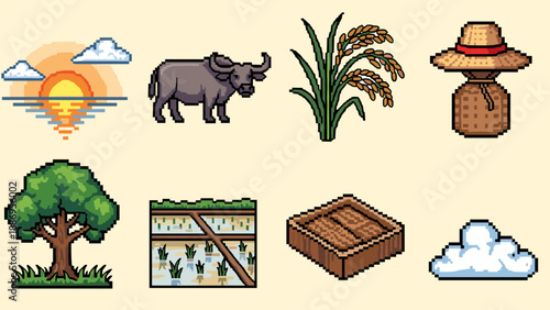 Pixel art collection of rural farm elements and nature scenes for digital design