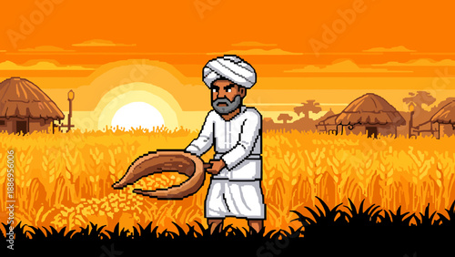 Pixel art farmer at sunset in vibrant golden fields