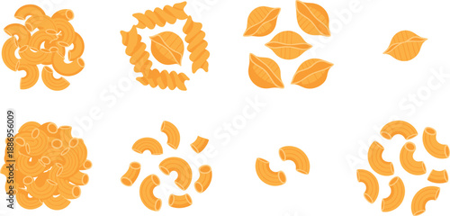 Vector illustration set featuring various raw Italian pasta shapes including elbow macaroni conchiglie shells and fusilli rotini clusters