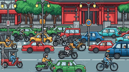 Busy city street scene with diverse vehicles and pedestrians in a pixel art style