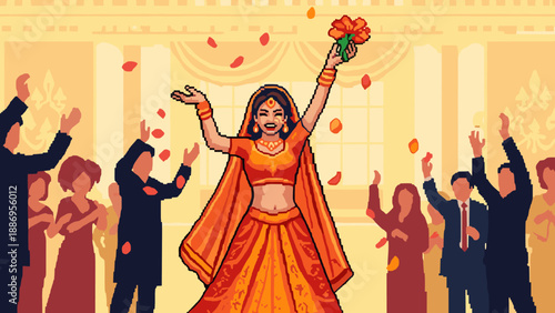 Joyful pixel art bride in orange sari throws bouquet at wedding celebration